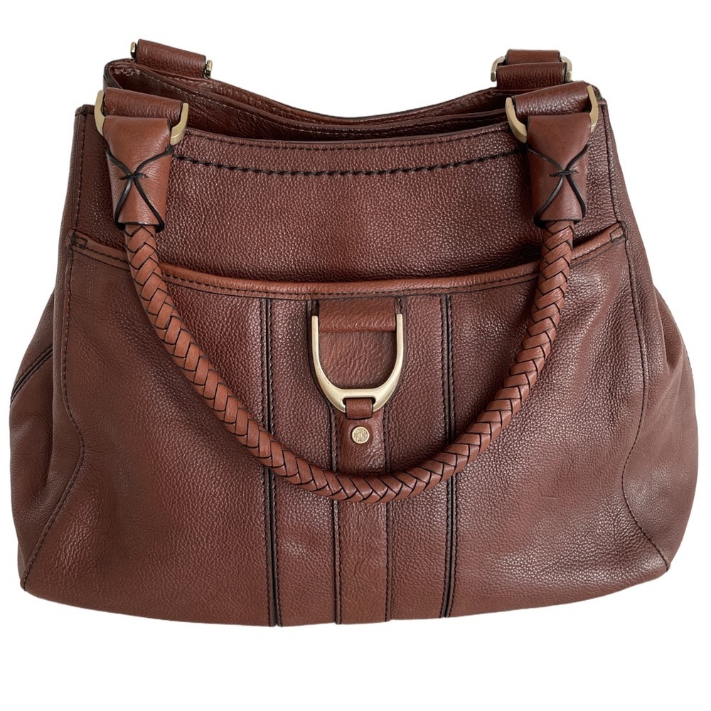 Cole Haan Handbag Purse Satchel Pebbled Brown Leather Equestrian Brass Accent